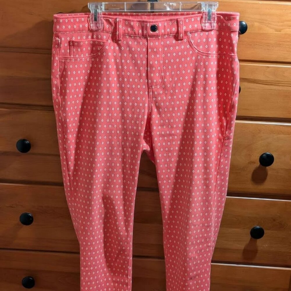 Rafaella Comfort Pink Diamond Print Pants Size 12 Pull On Stretch Slim Ankle